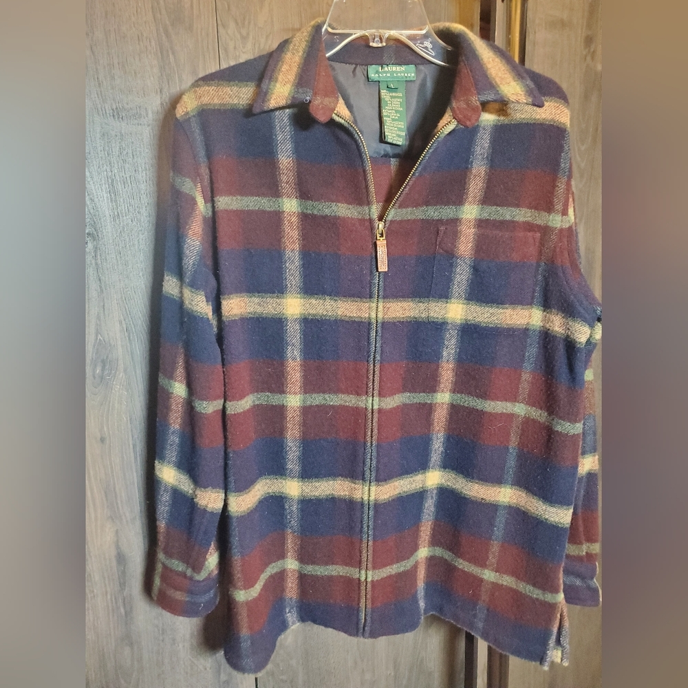 Ralph Lauren wool zipper front shirt jacket size XL plaid flannel 100% lambswool - Picture 1 of 7